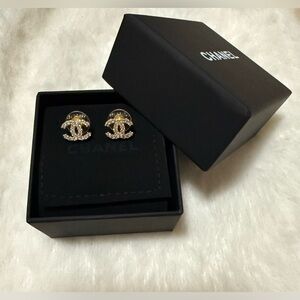 Crystal CC Style Stud Earrings Goldtone